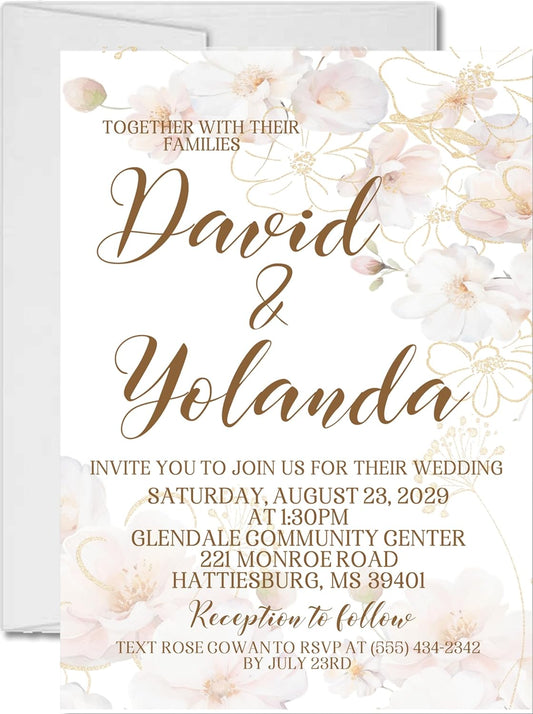 Blush, White & Gold Wedding Invitations, Personalized, Set of 12 Invitations with Envelopes
