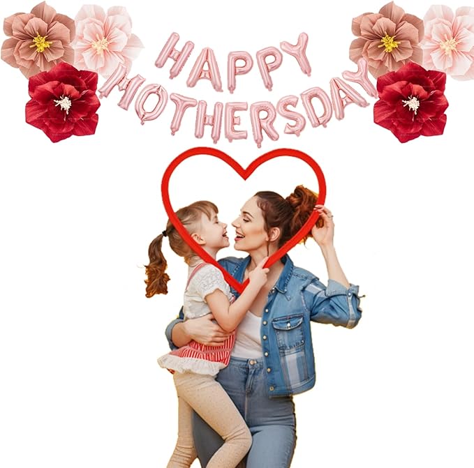 Mother’s Day Party Balloons Kit Decorations 16 inch Foil Balloon Set Happy Mother's Day Best Mom Balloon Set Decoration for Mother's Day (Red Pink Mauve Flower Balloon)
