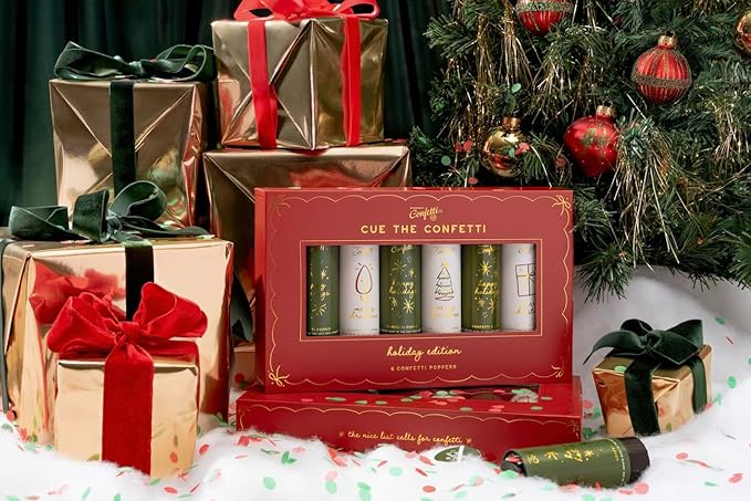 Cue the Confetti Christmas Box (6 Confetti Poppers) – Biodegradable Holiday Confetti Poppers for Parties, Stocking Stuffers & Festive Celebrations – Eco-Friendly & Spring Loaded for Noise Free Fun.