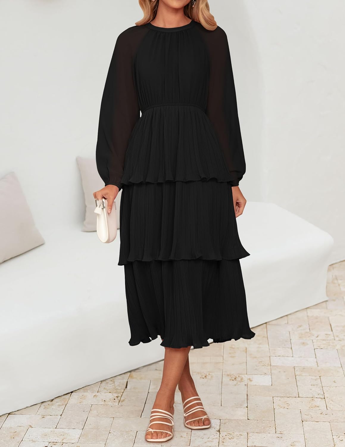 ZESICA Women's 2025 Long Sleeve Crew Neck Ruffle Tiered Layered Chiffon Flowy Swing Long Midi Dress