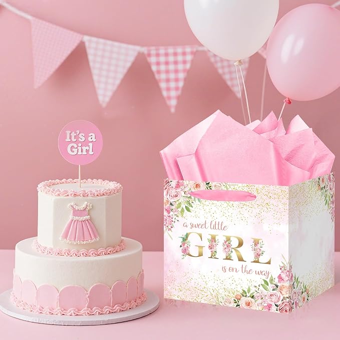 Extra Large Baby Girl Gift Bags - Pink Floral Baby Shower Square Gift Bag A Sweet Little Girl is on the Way Wrapping Paper Bag for Newborn Congratulations Gifts Gender Reveal Party Favors Decor