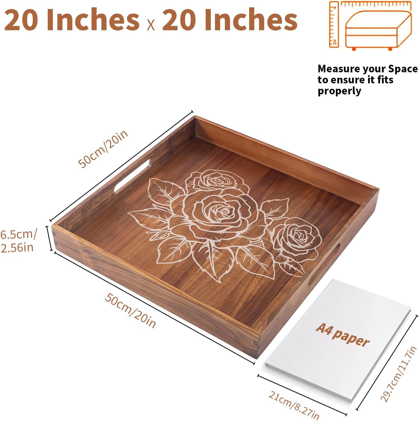 Ottoman Tray with Handles, 20 Inches Acacia Wood Serving Tray, Extra Large Tray for Ottoman Decorative Trays Serving for Living Room for Decorative, Coffee Table, Breakfast in Bed, Appetizers