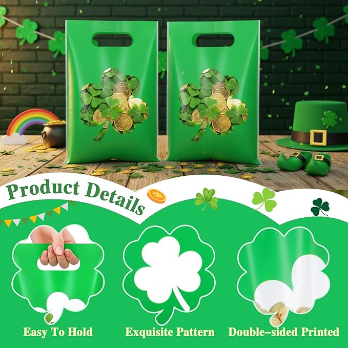 Supervitae 100 Pcs St. Patrick's Day Party Gift Bags Green Irish Shamrock Favor Bags Bulk with Window & Handles for Snacks Goodie Candy Treat Ireland Party Supplies