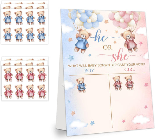 LNOKRIM Gender Reveal Party Games, Teddy Theme Baby Gender Reveal Voting Board Sign, 48 Boy Girl Voting Stickers, He or She, Baby Gender Reveal Party Decorations Games for Boy or Girl Shower, Bear 04