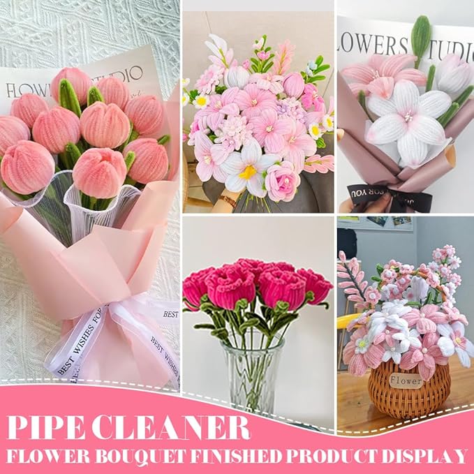 AHAMETON 620-Piece Pink Pipe Cleaner Craft Kit - 6 Pastel Shades Chenille Stems with Floral Wire for DIY Wedding Bouquets, Mother’s Day Gifts & Party Decorations