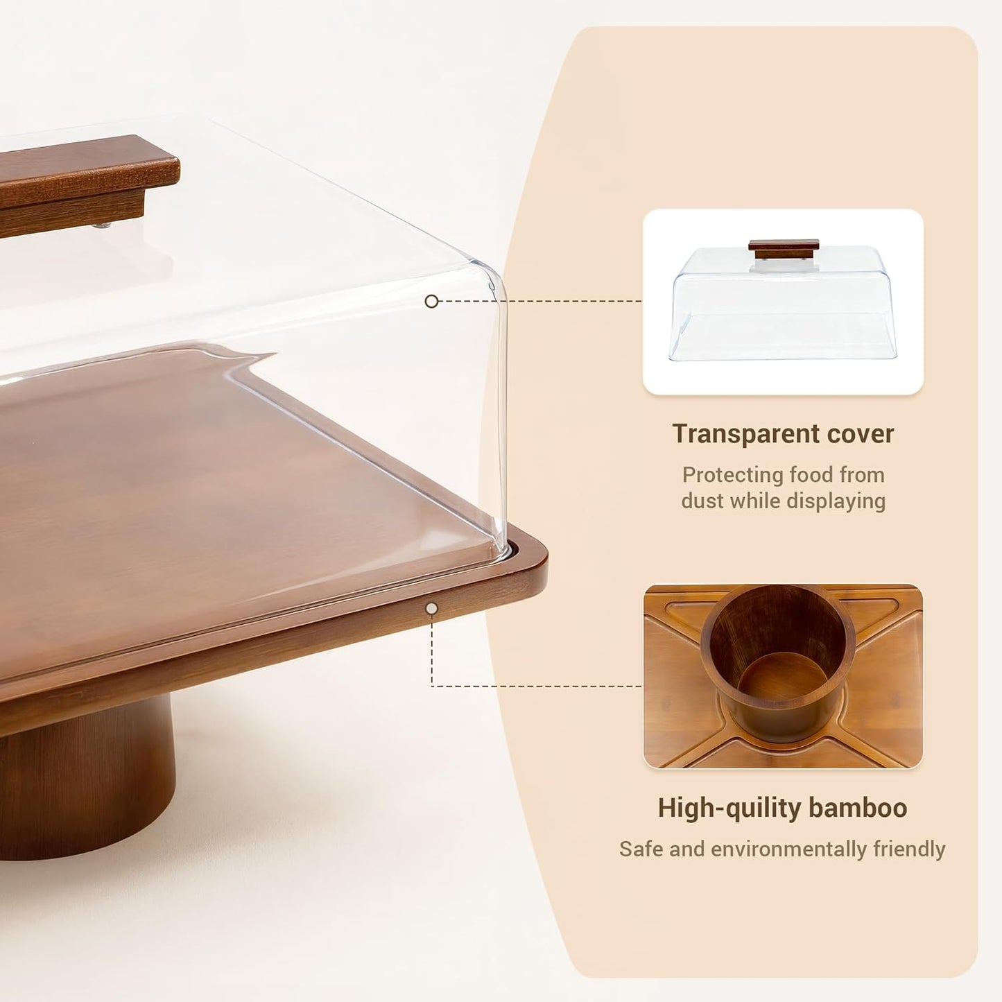 Wood Cake Stand with Lid, Rectangular Cake Holder, 2-in-1 Dessert Table Display Set & Charcuterie Board for Cheese, Cake Fruit Display Server Tray for Kitchen, Birthday, Weddings - Footed