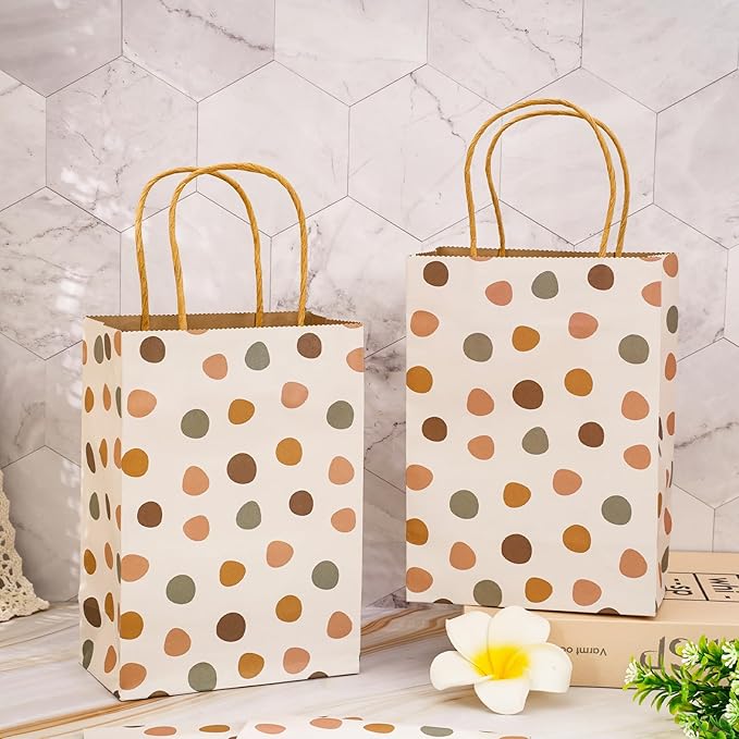 JarThenaAMCS 16Pcs Boho Party Favor Bags Neutral Paper Gift Bags with Handles Hand Drawn Dot Candy Goodie Treat Bags for Wedding Birthday Baby Shower Party Supplies