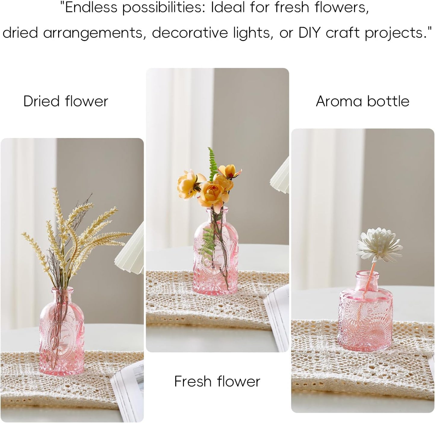 Glass Bud Vases Set of 16 - Pink Assorted Small Mini Glass Vases for Flowers, Crystal Vintage Vase Set, Bulk Centerpieces for Table Décor, Wedding, Home and Events (Pink, 16 Pcs)