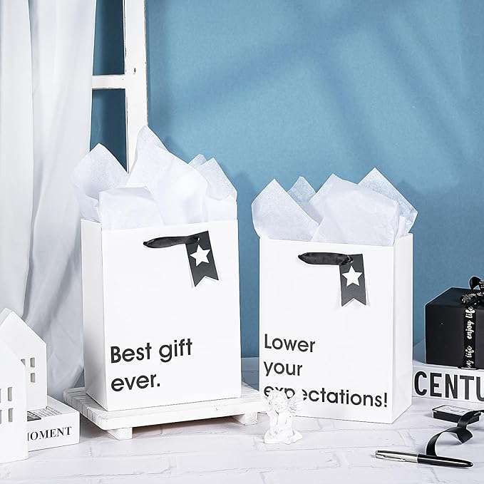 Loveinside Christmas Medium Size Gift Bags Set, Funny Quirky Design with Bold Black Text Pattern with Tissue Paper Perfect for Shopping, Parties, Birthday, Holiday, 4 Pack, 7" X 4" X 9"