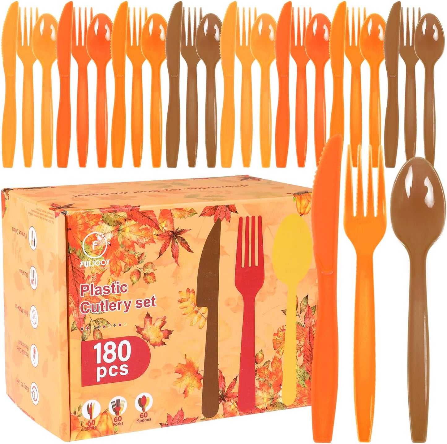 180 PCS Autumn Plastic Silverware Set Disposable Orange Brown Utensils Heavy Duty Plastic Cutlery Set Disposable Includes Spoons Forks Knives for Thanksgiving Party Decoration Supplies