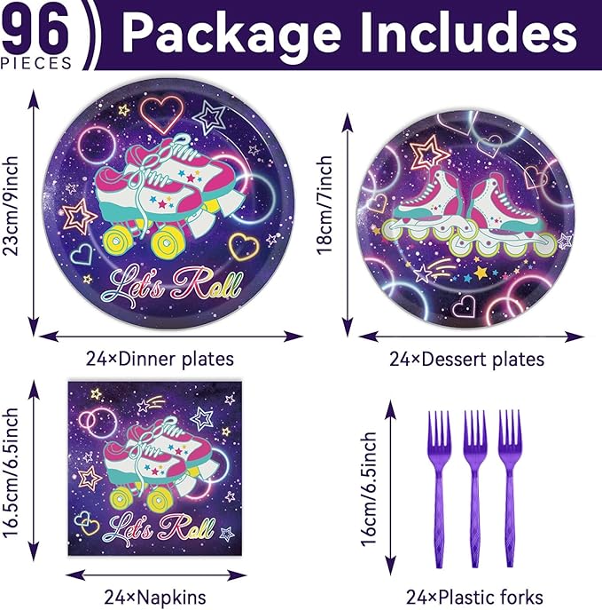 96 Pcs Roller Skating Party Supplies Let's Roll Paper Plates Napkins Roll Theme Party Decorations Roller Skate Dinnerware Roller Skating Birthday Party Favor Kids Baby Shower Party Tableware Serves 24