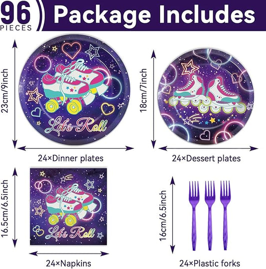 96 Pcs Roller Skating Party Supplies Let's Roll Paper Plates Napkins Roll Theme Party Decorations Roller Skate Dinnerware Roller Skating Birthday Party Favor Kids Baby Shower Party Tableware Serves 24