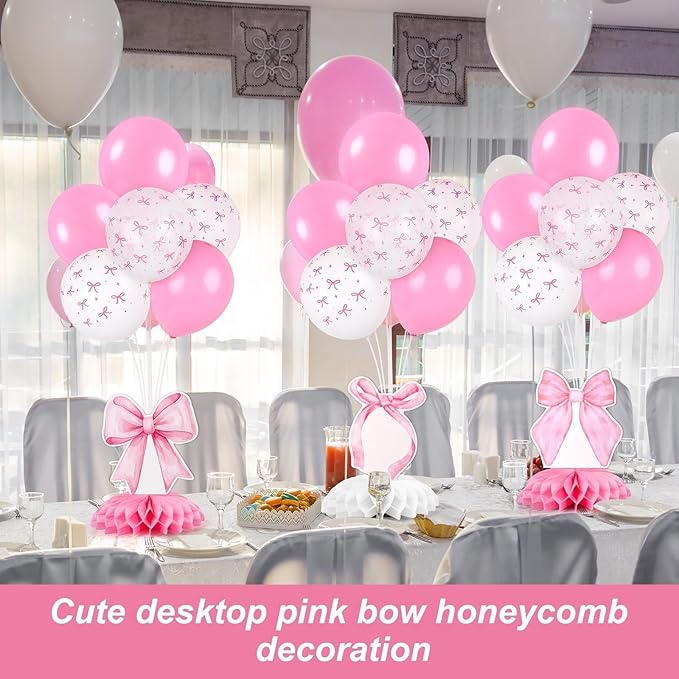 6 Set Pink Bow Birthday Decoration for Table Baby Girl Shower Decorations Pink Bow Balloon Table Centerpiece with Balloons Stand Kit Honeycomb Centerpiece for Girls Birthday Wedding Party Supply