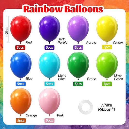Rainbow Balloons 12 inch, Red Dark Purple Orange Yellow Lime Green Light Blue Pink Latex Balloon 50pcs Party Balloons for Colorful Rainbow Baby Shower Birthday Party Decorations