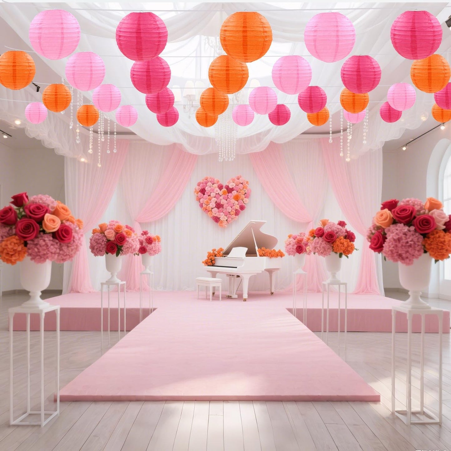 12 Pcs Pink Orange Paper Lanterns Decorative Round Hanging Lanterns for Birthday Baby Shower Wedding Graduation Fall Autumn Thanks Giving Party Decoration