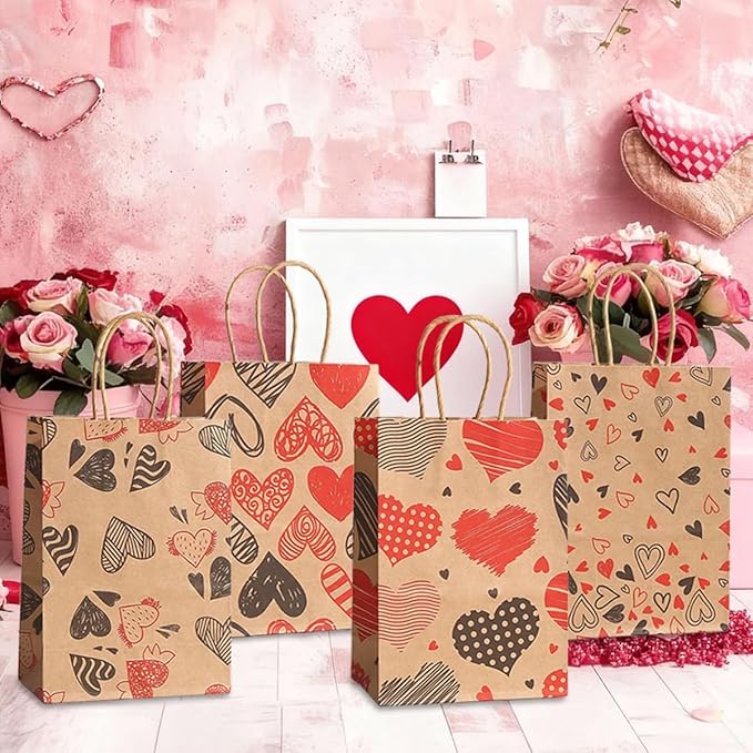 piqiya 24pcs Valentine Gift Bags Bulk,Kraft Paper Gift Bag with Handle,Valentines Gift Bags for Gift Wrapping,Anniversary,Valentine‘s Day Party