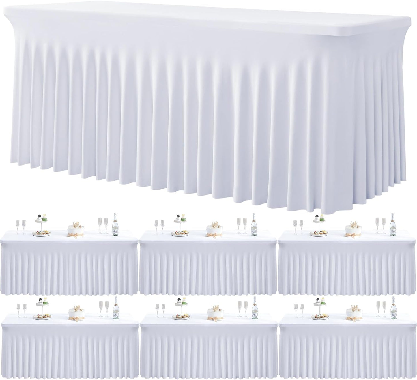 6pk White Spandex Table Clothes for 6 Foot Rectangle Tables, Wrinkle Free Stretch Table Cloth 6ft Fitted Table Cover Table Skirt for Wedding Party Banquet Birthday Party Events