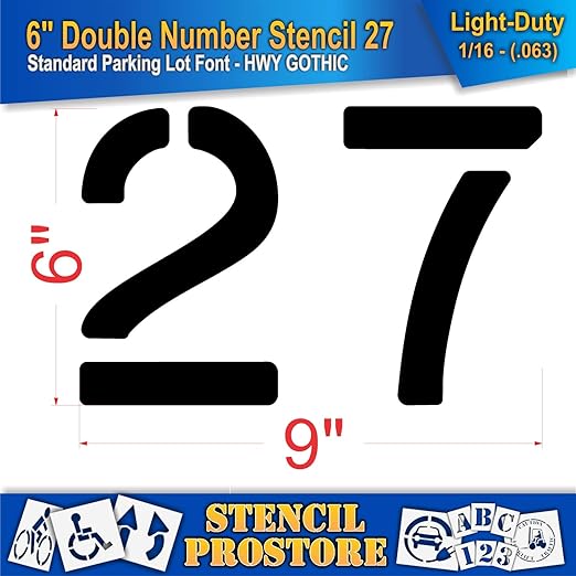 Pavement, Curb, and WheelStop Stencils - 6 inch Double Number Stencil - (27) - 6" x 9" x 1/16" (63 mil) - Light-Duty