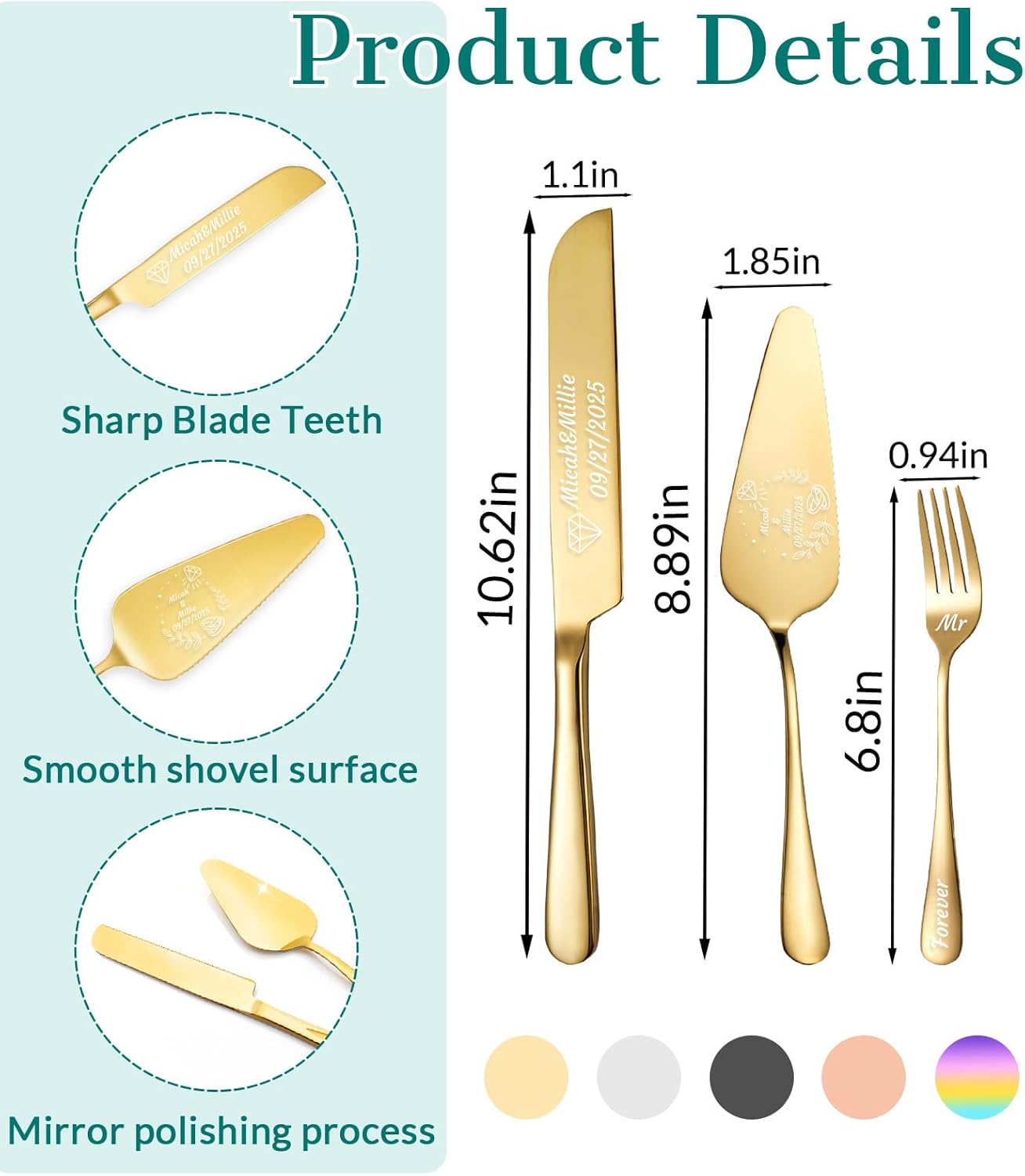 HJX Personalized Wedding Cake Knife and Server Set, Custom Names Cake Cutting Set, Customized Knife and Cake Server Set Gift for Bridal Anniversary Birthday Wedding Registry (Gold)