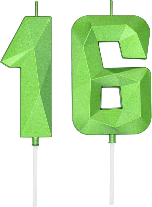 DERVENTA Large Birthday Candle Number 3D Green 3.7 inch Party Celebration Anniversary Decoration Cake Topper 1 Piece (Number 16 Green)