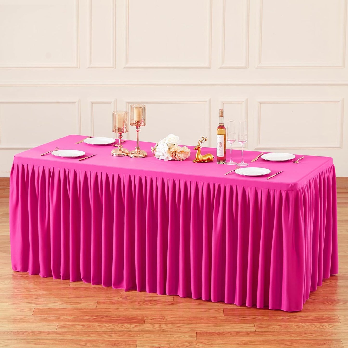 Hot Pink Polyester Table Clothes for 4 Foot Rectangle Tables, Wrinkle Free Fitted Table Cover with Pleated Ruffle Table Skirt for Birthday Party Wedding Trade Show Event Display