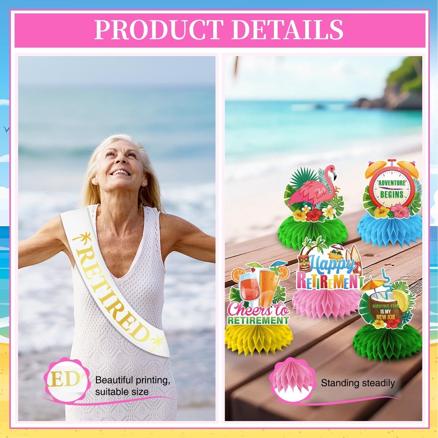 Luau Hawaiian Retirement Party Decorations, 23Pcs Beach Retirement Party Happy Retire ment Banner Backdrop, Tropical Retire ment Decorations Honeycomb Centerpieces Hanging Swirls Paper Fans