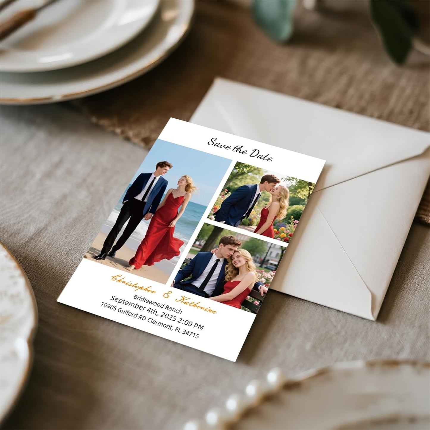 Personalized Save the Date Wedding Invitation Card with Photo 4x6inch 350GSM Papers and Envelopes, Custom Thank You card for Weddings, Birthdays and Parties, 50pcs or more (Vertical with 3 Photos)