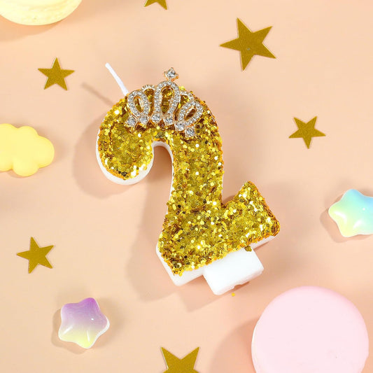 Gold Birthday Candle Crown Number 2 Candle with Sequins Cake Candles Cupcake Decorations Party Decor for Anniversary Celebrations Supplies