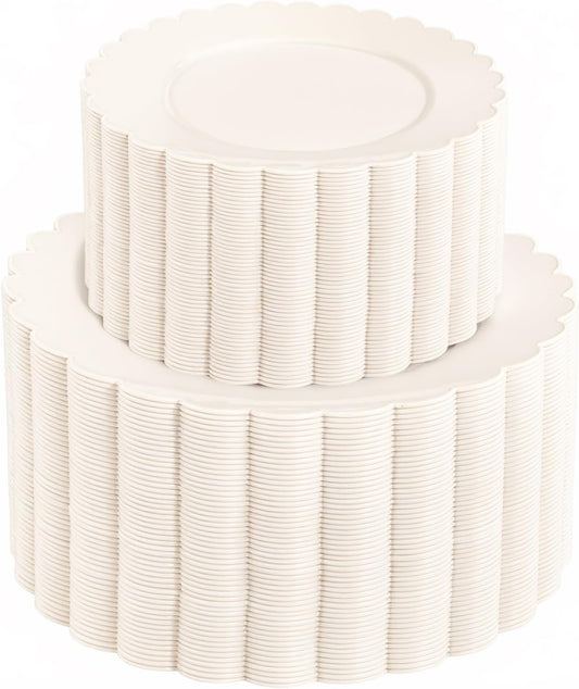 supernal 100pcs Ivory Plastic Plates Fancy Disposable Scalloped Plates for Party Heavy Duty for Party,Wedding,Brthdays Bridal Shower Plate Include 50 Plastic Dinner & Dessert Plate