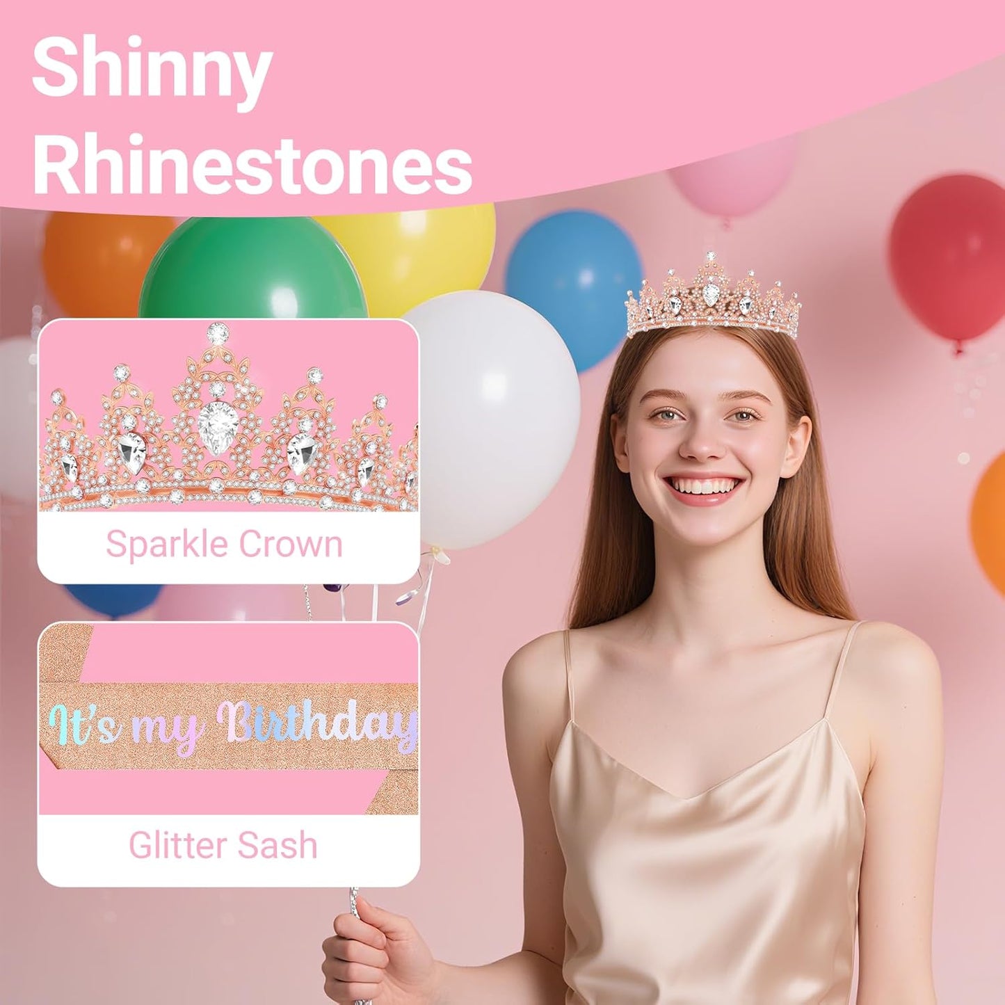 Birthday Tiara and Crown with Sash, Birthday Tiara for Women Party (Rose)