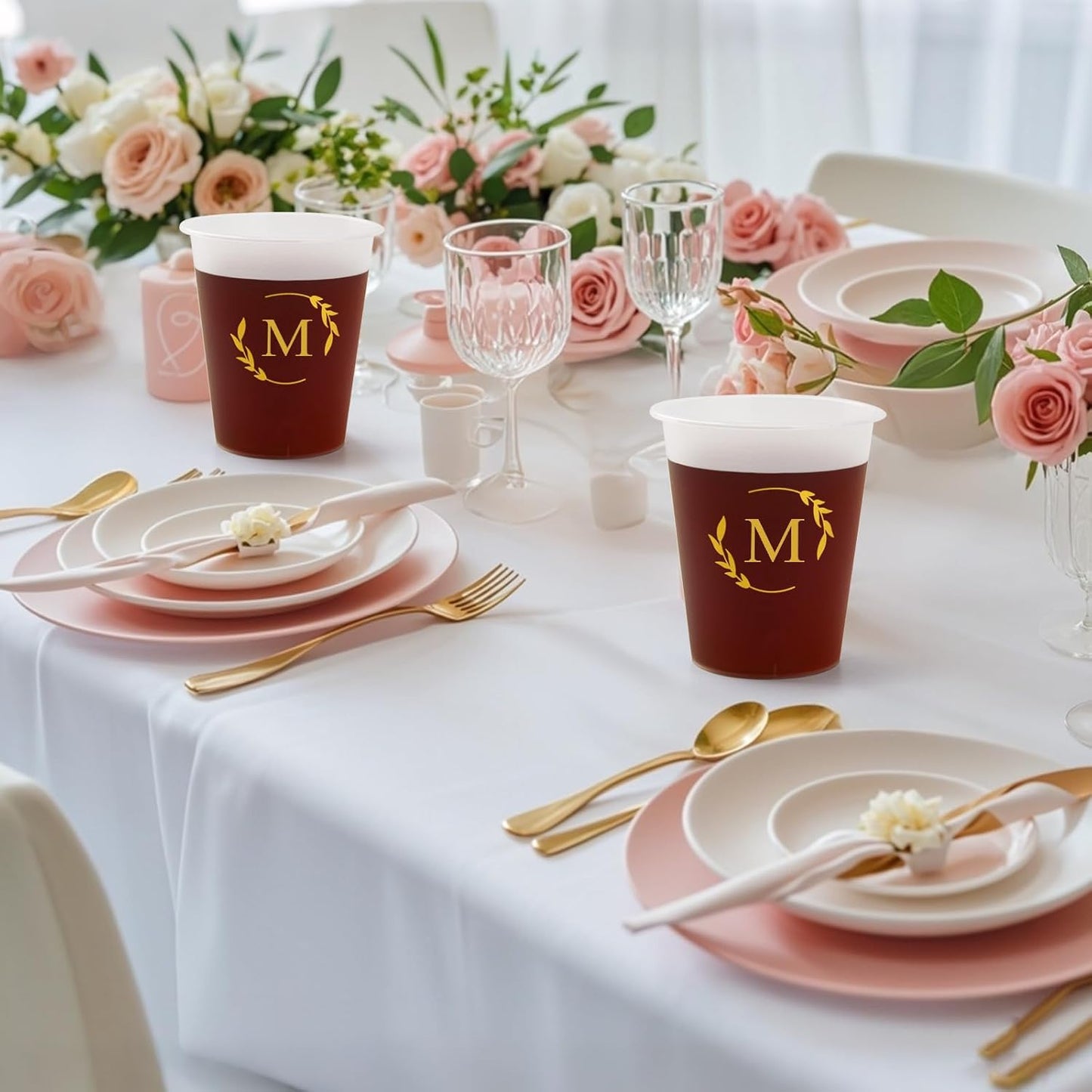 100 Monogrammed Cups Disposable Initial Plastic Cup 12 oz Wedding Personalized Cup for Wedding Reception Baby Shower Birthday Party(Letter G)