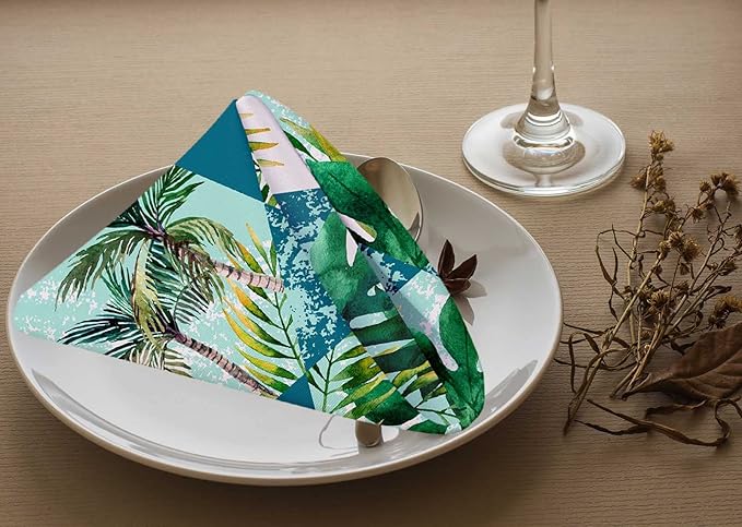Yibeas Geometric Shapes Palm Trees Cloth Napkins Set of 4 Soft Watercolor Tropical Leaves Hexagon and Triangle Washable and Reusable Dinner Napkins for Weddings Parties 18 x 18 inch