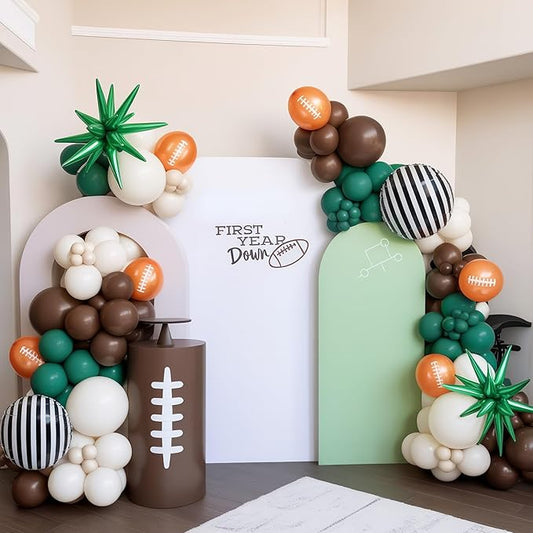 Football Balloon Arch Kit, Dark Green Brown Balloon Garland with Foil Star Striped Balloons for Football Party Decorations Touch Down First Year Down Birthday Tailgate Sport Party Game Day Decorations