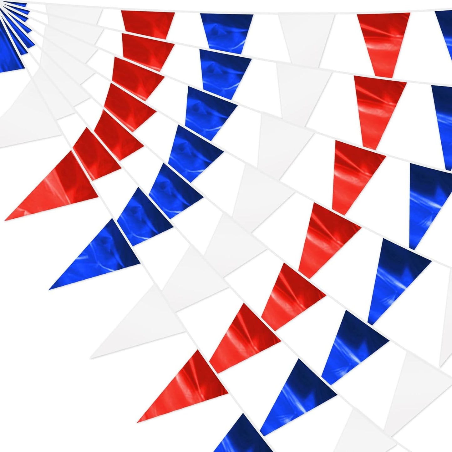 65FT White Blue Red Glitter Triangle Pennant Banner Flag Metallic Bunting Fabric Garland for Christmas Graduation, Independence Day, 4th of july, Patriotic Themed Party Decoration