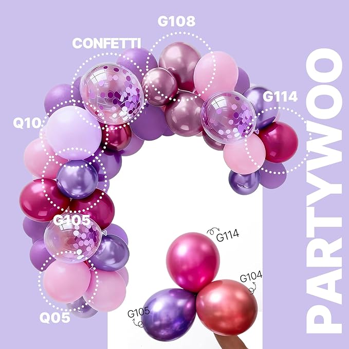 PartyWoo Pink and Purple Balloons 65pcs 12 Inch Baby Pastel Light Metallic Pink Light Purple Lavender Lilac Confetti Balloons for Baby Shower Princess Butterfly Birthday Party Decorations