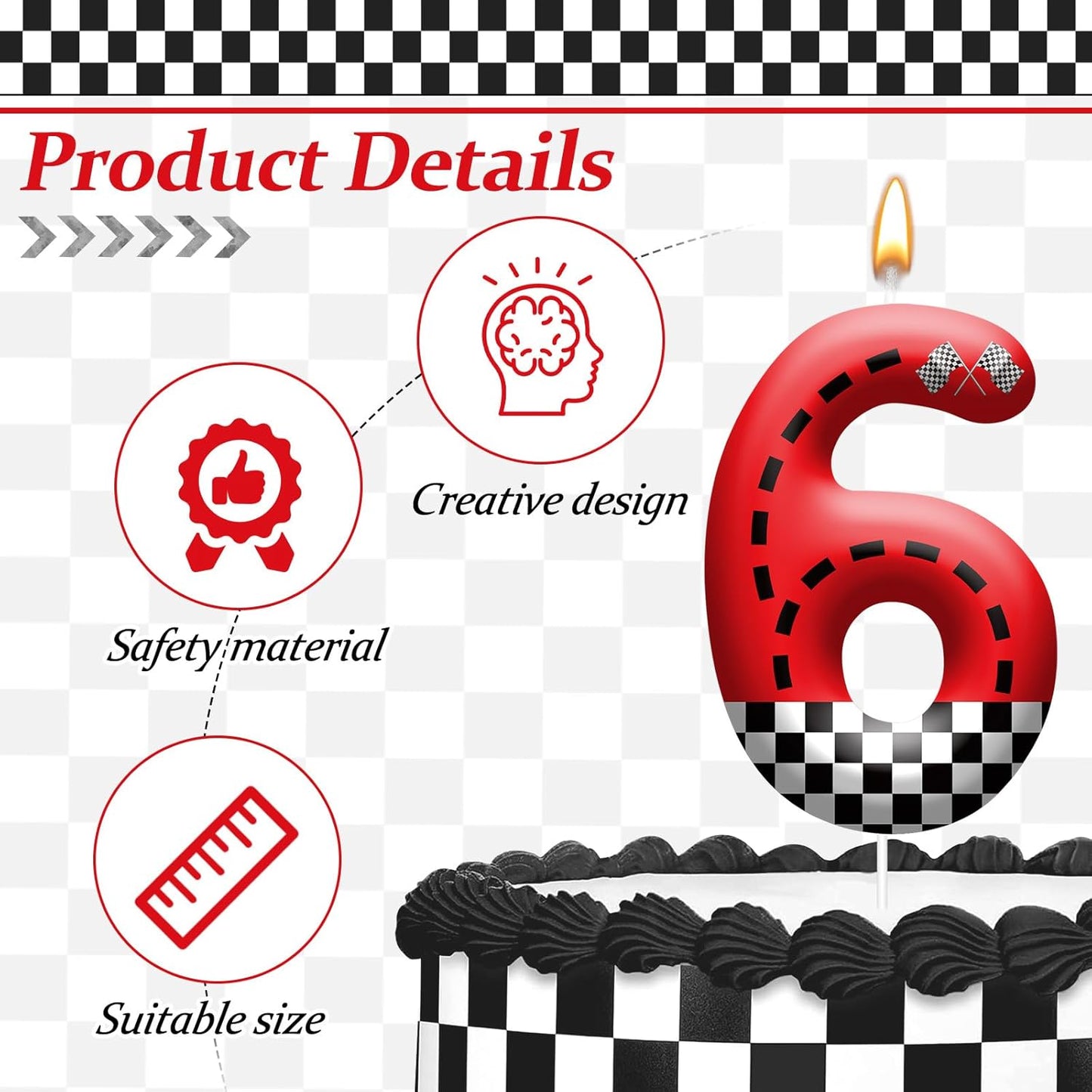 Racing Car Theme Birthday Candle with Checkered Flag Design - Durable Cake Topper for Race Car Party Decorations,Birthday Supplies - Number 6 Candle for Racing Themed Celebrations