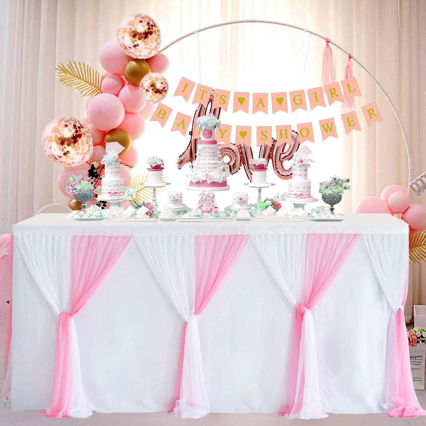 Suppromo Pink Table Skirt 14ft Tutu Tulle Tablecloth for Baby Shower Girl Birthday Party Bridal Shower Wedding Cake Dessert Buffet Banquet Table Decorations