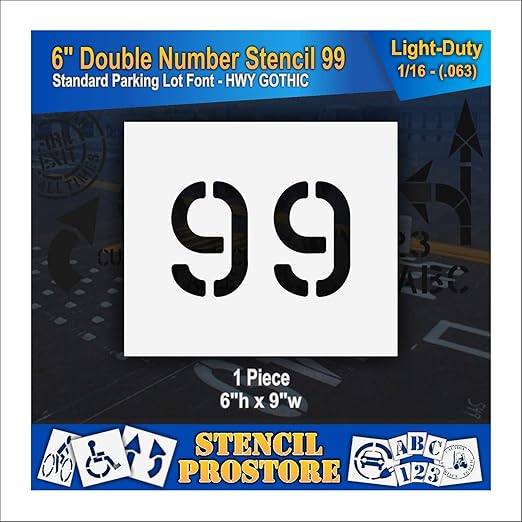 Pavement, Curb, and WheelStop Stencils - 6 inch Double Number Stencil - (99) - 6" x 9" x 1/16" (63 mil) - Light-Duty