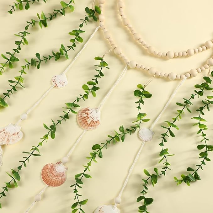 Hanging Eucalyptus Boho Wall Decor Large Boho Bedroom Wall Hanging Wooden Bead Garland Artificial Eucalyptus Natural Greenery Decoration, 36 x 36 Inch (Simple Color, Shell Style)