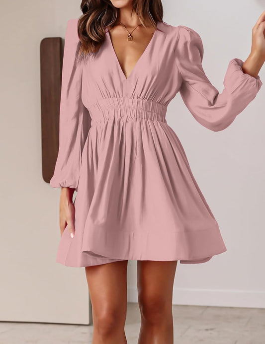 FAIABLE Mini Deep V Sexy Long Sleeve Dress for Women A-line High Waisted Casual Flowy Dress for Cocktail Wedding Guest