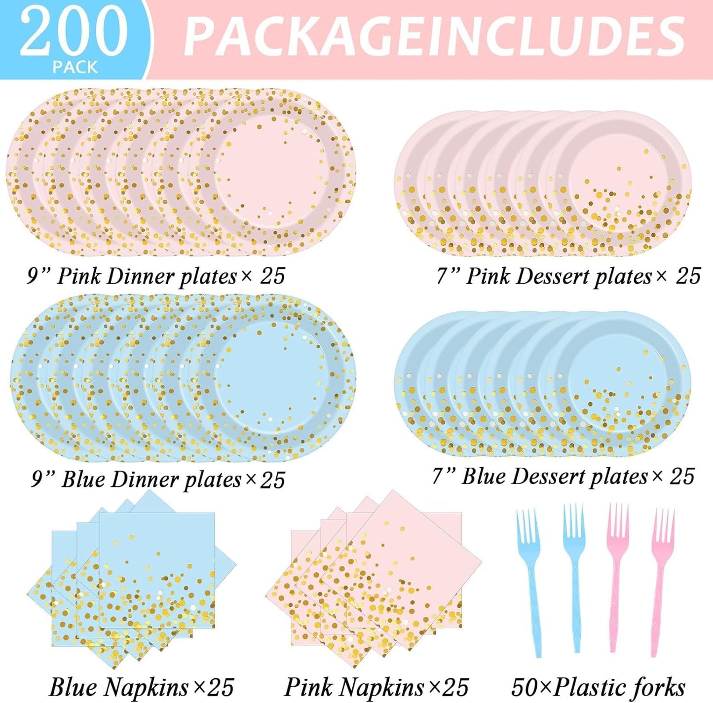 gisgfim 50 Guests Gender Reveal Party Supplies Baby Shower Party Tableware Gender Reveal Plates and Napkins Plastic Forks Boys Girls Blue and Pink Paper Plates for Baby Shower Wedding Birthday 200PCS