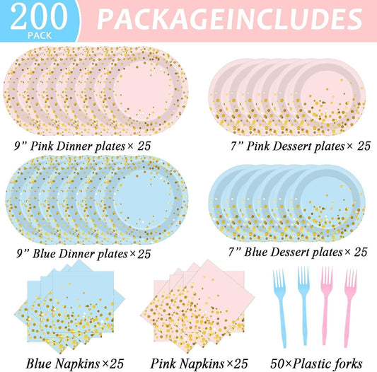 gisgfim 50 Guests Gender Reveal Party Supplies Baby Shower Party Tableware Gender Reveal Plates and Napkins Plastic Forks Boys Girls Blue and Pink Paper Plates for Baby Shower Wedding Birthday 200PCS