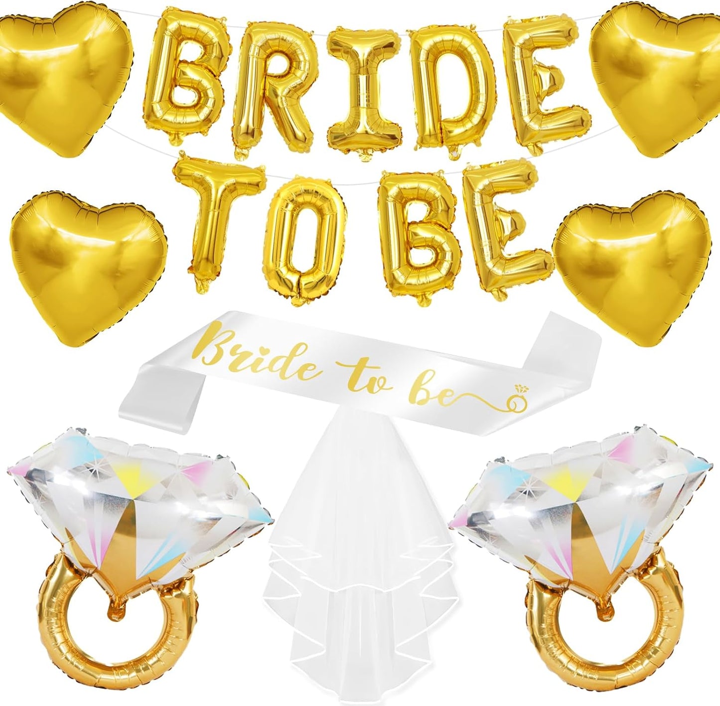Gold Bachelorette Party Decorations, Gold Bride to Be Banner Heart Balloons with Diamond Ring Foil Balloon, Bride to Be Sash&Veil for Bachelorette Engagement Gift Bridal Shower Party Supplies