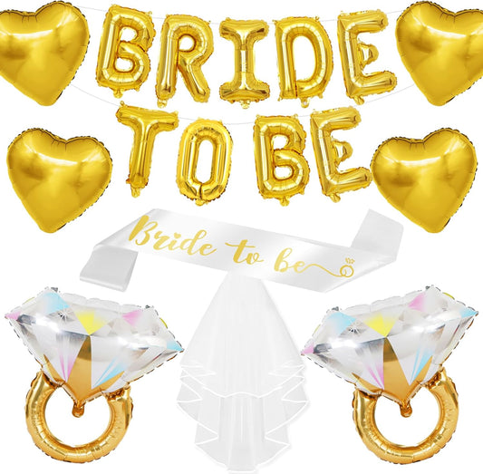 Gold Bachelorette Party Decorations, Gold Bride to Be Banner Heart Balloons with Diamond Ring Foil Balloon, Bride to Be Sash&Veil for Bachelorette Engagement Gift Bridal Shower Party Supplies