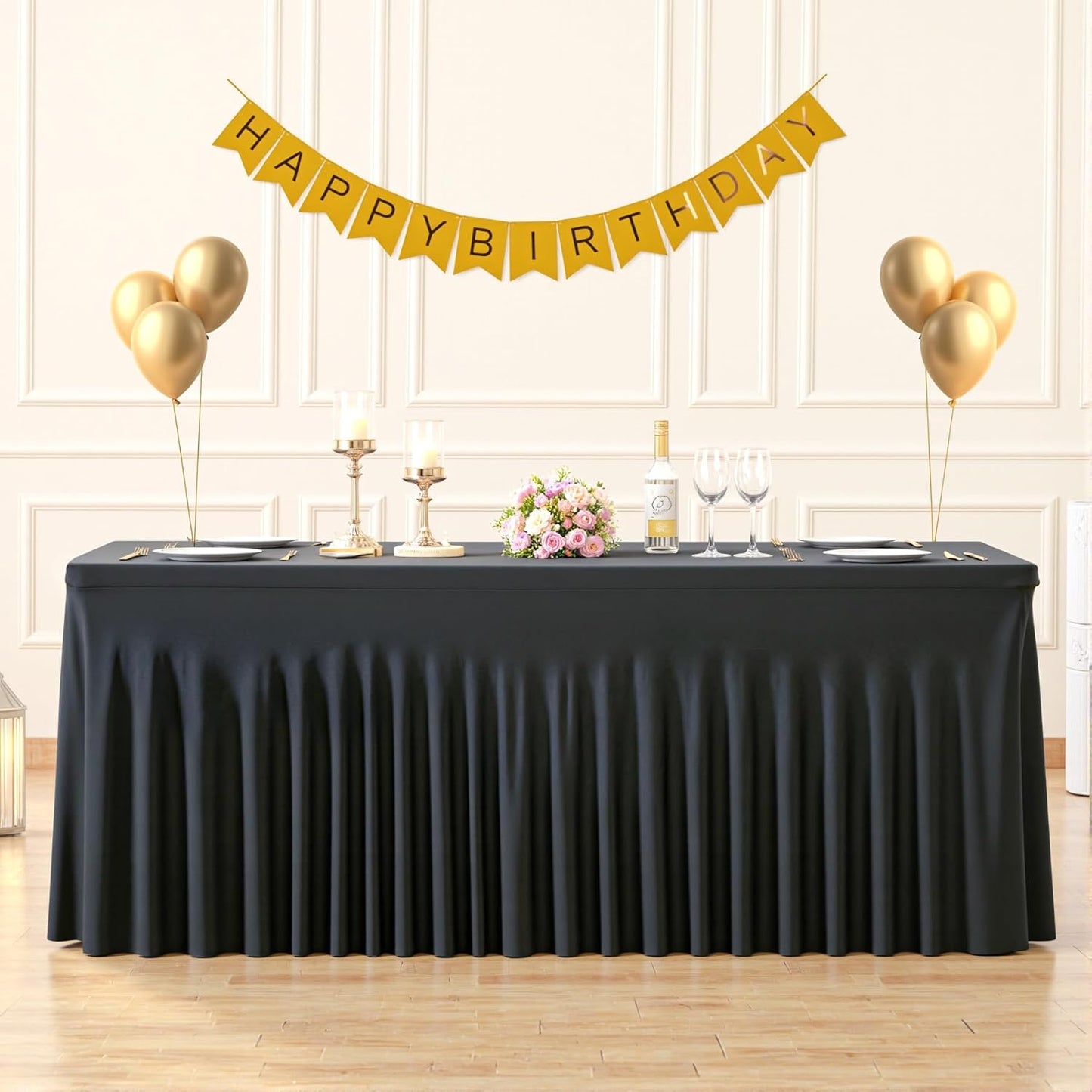 Suppromo 8ft Black Spandex Tablecloths for Rectangle Tables Wrinkle Free Black Table Cloth Rectangle Stretch Fitted Table Cover with Skirt for Wedding Birthday Party Banquet Baby Shower Buffet Event
