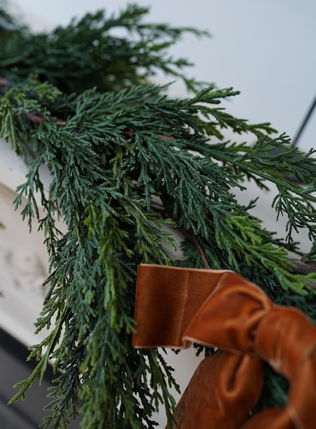 Christmas Cedar Garland,2Pcs 6ft Real Touch Cedar Pine Garland for Mantle Fireplace Outdoor Indoor Christmas Decorations