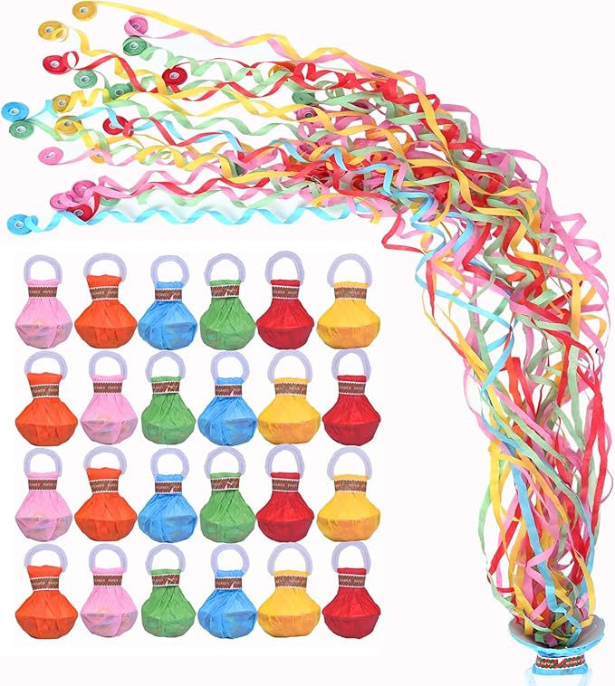 12Pack Hand Thrown Streamer Poppers Colorful, Confetti Streamers No Mess Party Poppers, Streamers for Weddings Birthdays Events, Quiet Easy Cleanup (Colorful, 12Pack)