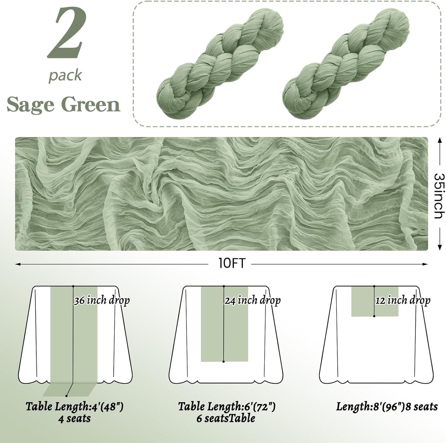 2Pack Sage Green Table Runner 10FT Cheesecloth Table Runner 35x120Inch Long Boho Gauze Cheese Cloth Table Runners Rustic Sheer Table Runners for Wedding Baby Shower Bridal Shower Decor