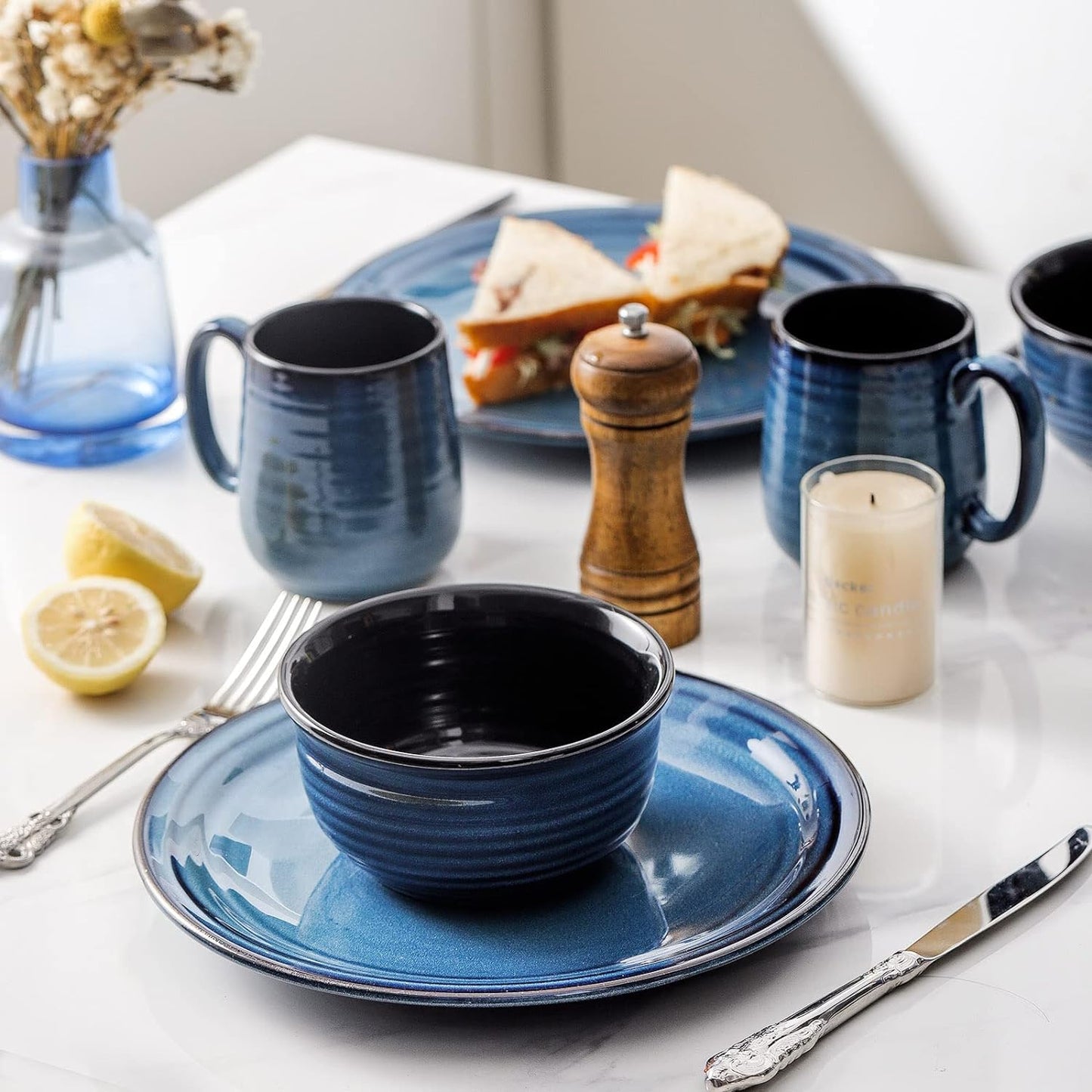 Hasense Ceramic Dinner Plates Set of 2,10 Inch Large Porcelain Pasta and Salad Plates,Blue Stoneware Plate Set Microwave,Oven,and Dishwasher Safe