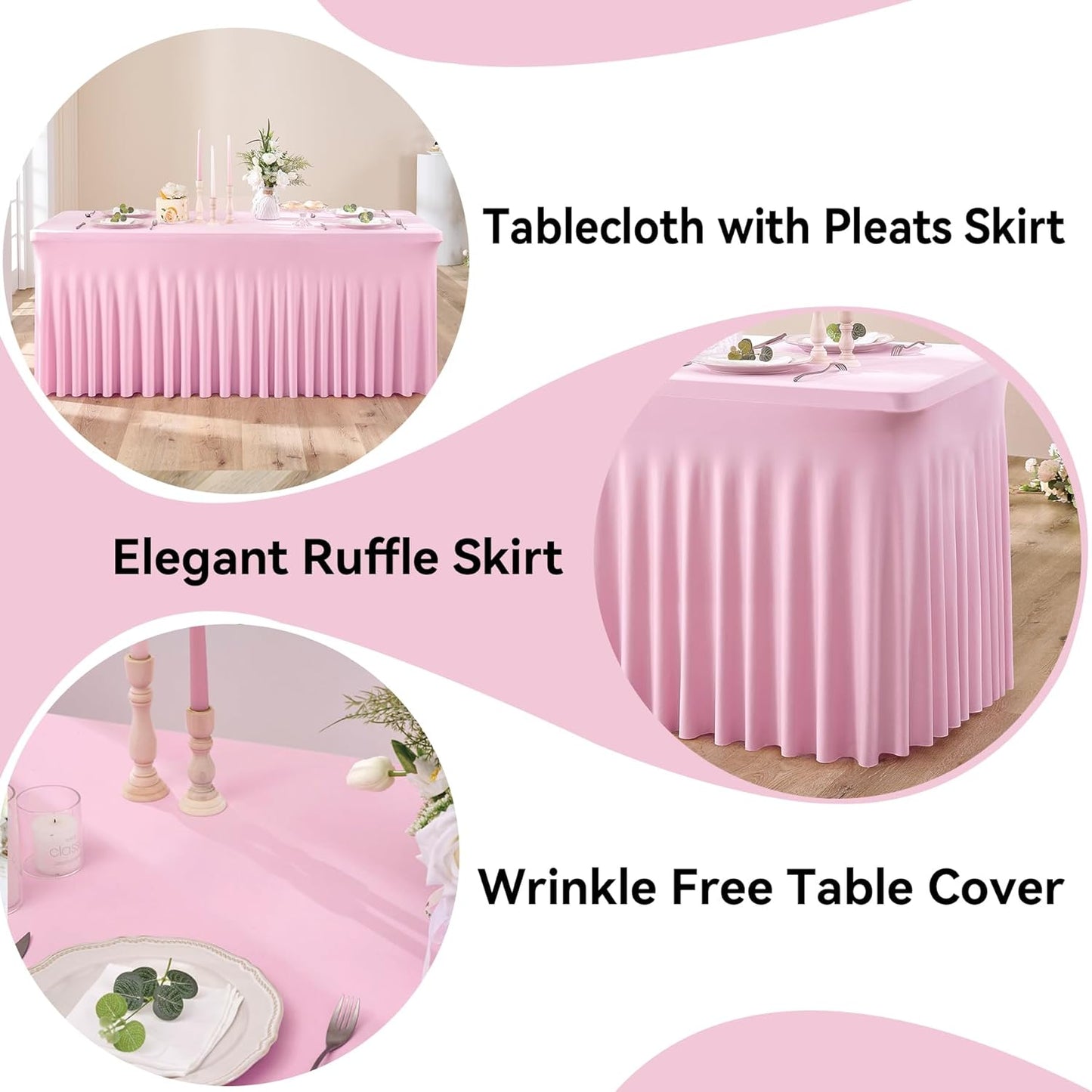 6 pk Baby Pink Spandex Tablecloth 8ft With Ruffled Table Skirt, Wrinkle Free Stretchy Fitted Tablecloths for 8 Foot Rectangle Tables, Elastic Spandex Table Covers for Weddings Parties Banquet